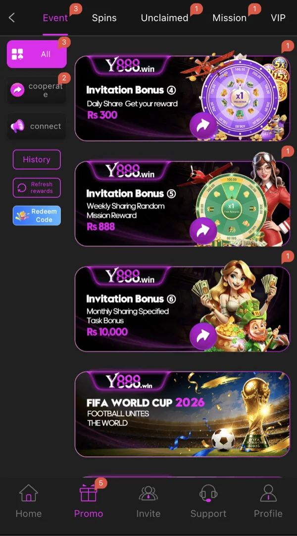 Y888 Game Promo tab showing Invitation Bonus tiers for daily, weekly and monthly sharing, plus a Redeem Code option