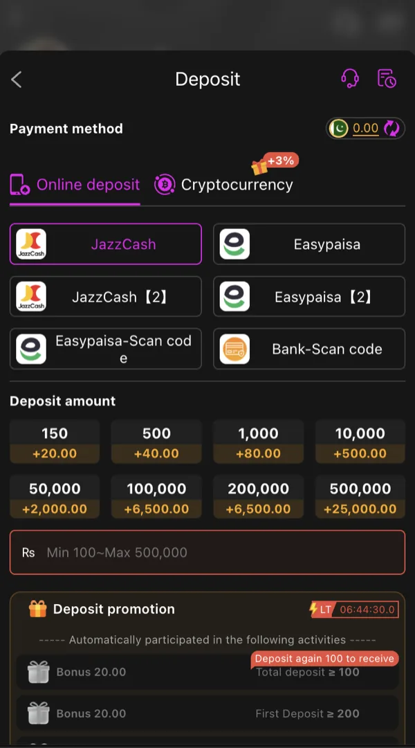 Y888 Game deposit screen showing JazzCash and Easypaisa payment methods with preset deposit amounts and matching bonus percentages