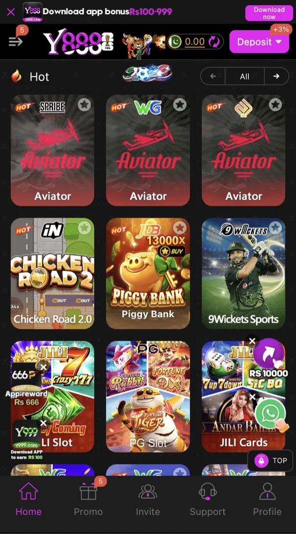 Y888 Game Hot games grid showing Aviator, Chicken Road 2.0, Piggy Bank, 9Wickets Sports and JILI card titles