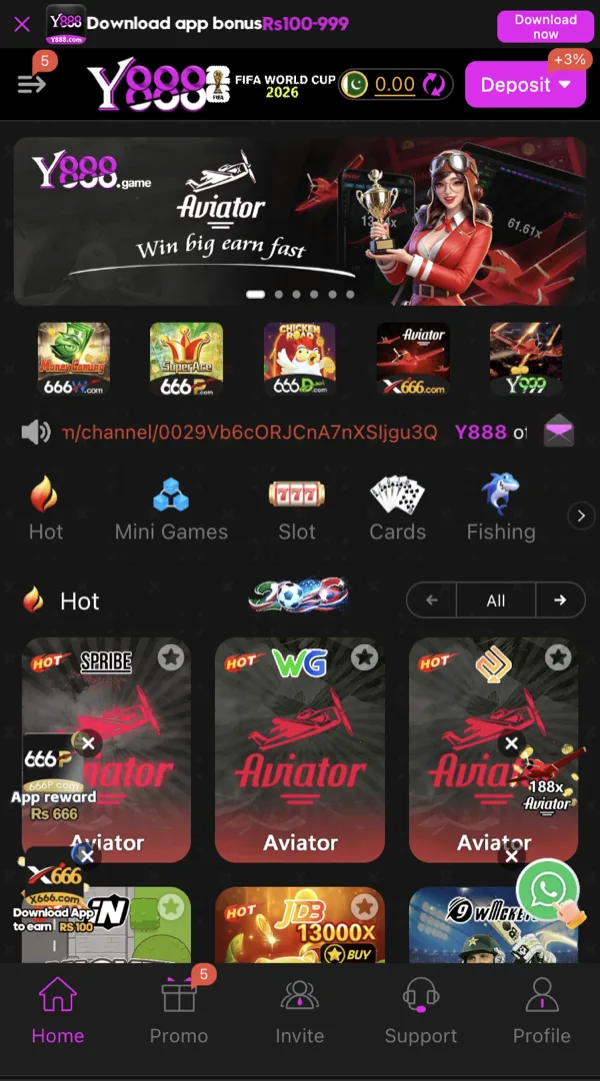 Y888 Game home screen showing the balance bar, deposit button and the Hot games row including Aviator