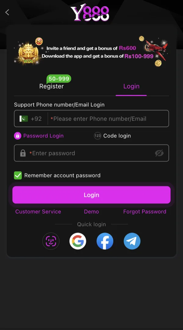 Y888 Game login screen with phone/email field, password field and Google, Facebook and Telegram quick-login icons