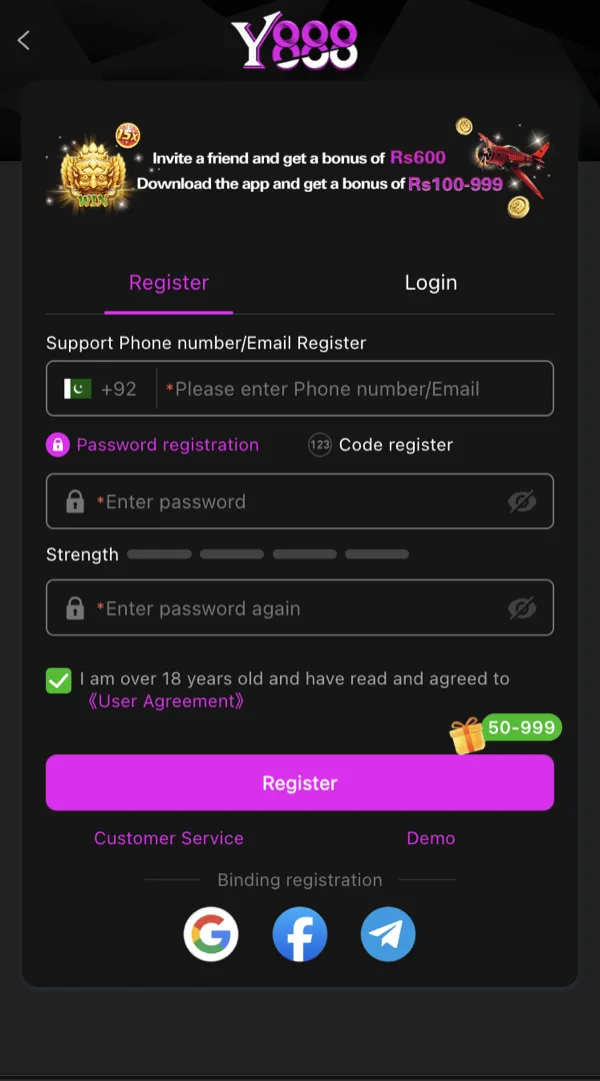 Y888 Game registration screen with phone/email field, password fields, the 18+ agreement checkbox and the Register button