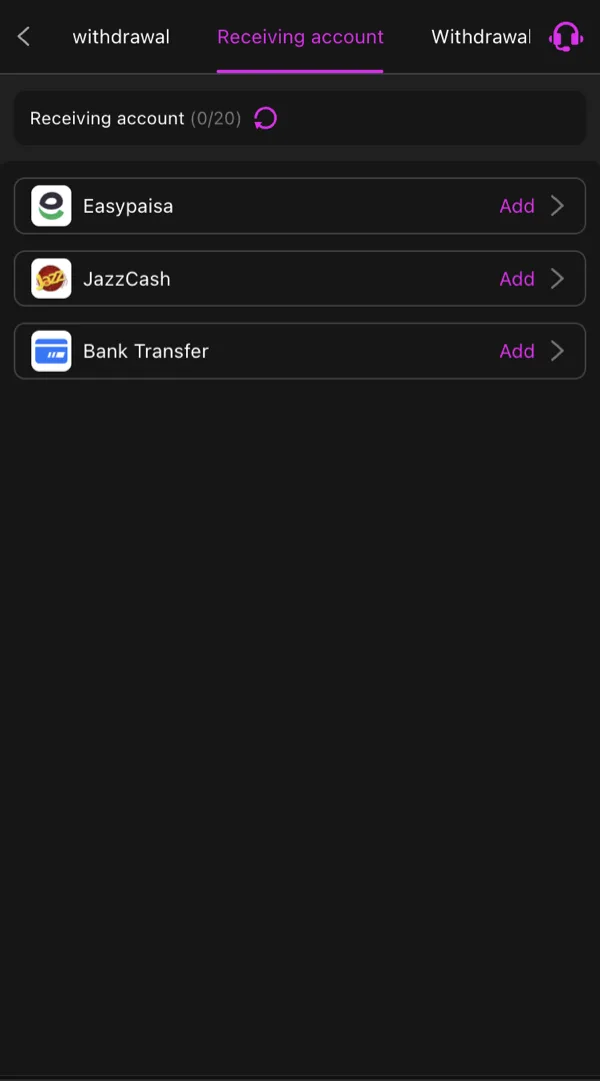 Y888 Game withdrawal screen showing the Receiving Account tab with Easypaisa, JazzCash and Bank Transfer options